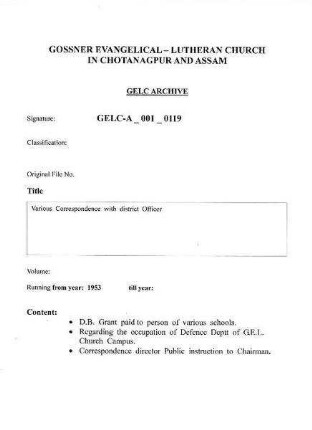 Various Correspondence with District Officer