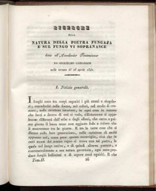 Ricerche sulla Natura della Pietra Fungaja e sul Fungo vi Sopranache