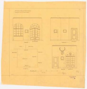 Wohnhaus Kretzer, Berlin-Tiergarten: Vorplatz im 1. Obergeschoss: Grundriss, 3 Wandansichten 1:25