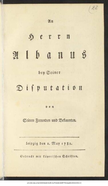 An Herrn Albanus bey Seiner Disputation