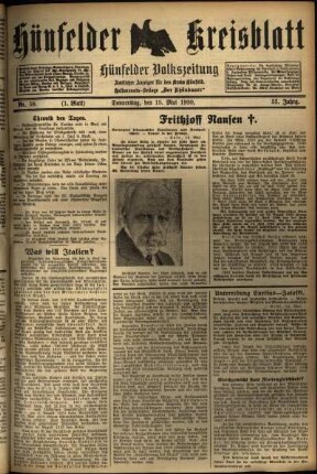 Erste Ausgabe vom Donnerstag, den 15. Mai 1930.