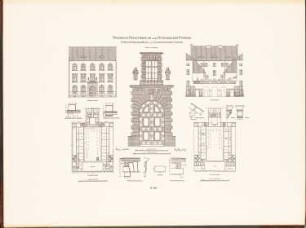 Friedrichs-Realgymnasium in der Mittenwalder Straße und der Schleiermacherstraße, Berlin: Grundriss EG, 2.OG, Vorderansicht, Ansicht von der Hofseite, Details Rektorenwohnhaus (aus: Neubauten der Stadt Berlin, Bd. V, 1907)