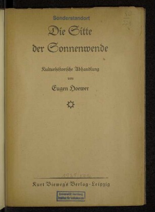 Die Sitte der Sonnenwende : kulturhistorische Abhandlung