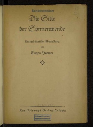 Die Sitte der Sonnenwende : kulturhistorische Abhandlung