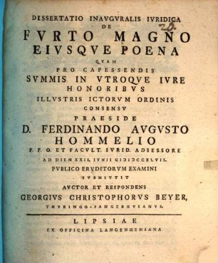 Dissertatio Inavgvralis Ivridica De Fvrto Magno Eivsqve Poena