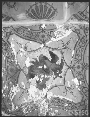 Berlin, Schloss Charlottenburg, Zweite Wohnung der Königin Sophie Charlotte, Schlafzimmer, R.: 111, Decke, während der Restaurierung Juli 1960.