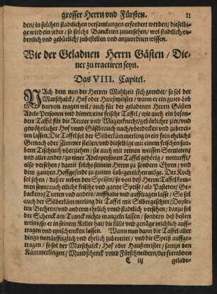 Wie der Geladnen Herrn Gästen/ Diener zu tractiren seyn. Das VIII. Capitel.