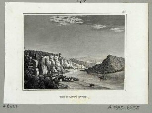 Stadt Wehlen in der Sächsischen Schweiz, Blick ins Elbtal vom rechten Elbufer nach Osten, aus Schiffners Beschreibung von Sachsen um 1840