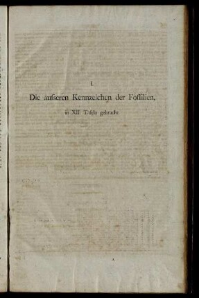 I. Die äusseren Kennzeichen der Fossilien, in XII. Tafeln gebracht