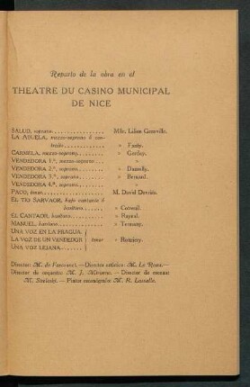 Reparto de la obra en el Théâtre du Casino municipal de Nice