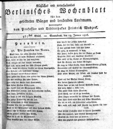 367stes Stueck, 13. Januar 1816
