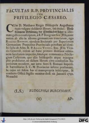 Privilegio Caesareo; Approbatio.
