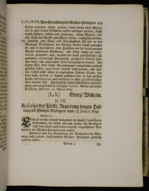 N. VII. Rescript der Fürstl. Regierung wegen Haltung der Wochen-Predigten vom 23. Januar. 1691.