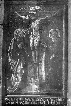Kreuzigung Christi und die Heiligen Candidus und Korbinian : Kreuzigung Christi und die Heiligen Candidus und Korbinian. Wandmalerei (1499). Heinfels-Tessenberg, Pfarrkirche Sankt Johannes Baptist