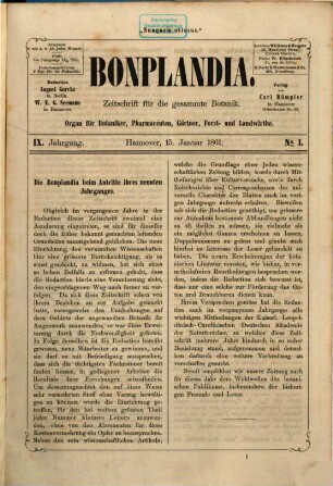 Bonplandia : Zeitschr. für d. gesammte Botanik; Organ für Botaniker, Pharmaceuten, Gärtner, Forst- u. Landwirthe. 9. 1861