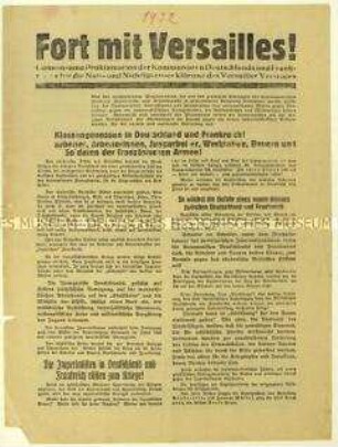 Flugblatt der Kommunistischen Parteien Deutschlands und Frankreichs gegen den Versailler Vertrag und Aufruf zur Reichstagswahl