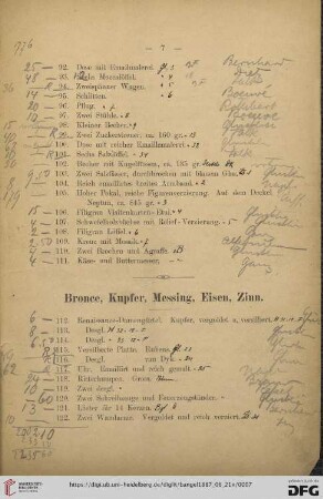 Bronce, Kupfer, Messing, Eisen, Zinn (Nr. 112- 136)