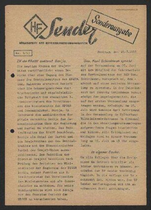 HF-Sender, Sonderausgabe' [Flugblatt], Nr.6/1953 (10. Juli 1953)