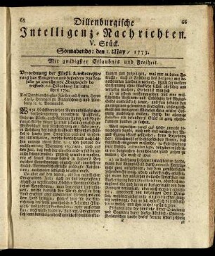 V. Stück. Sonnabends: den 1. May / 1773.