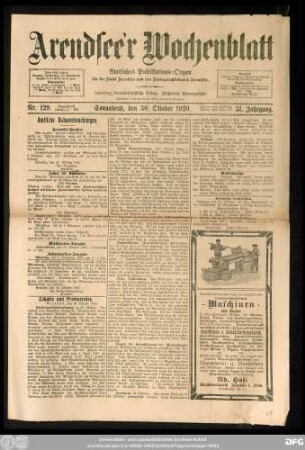 Arendsee'r Wochenblatt, Nr. 129. Sonnabend, den 30. Oktober 1920.