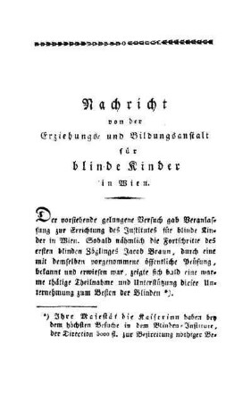 Nachricht von der Erziehungs- und Bildungsanstalt für blinde Kinder in Wien