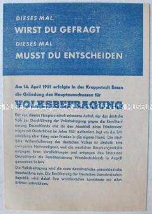 Propagandaschrift des Deutschen Friedenskomitees zur Volksbefragung gegen die Remilitariserung und für einen Friedensvertrag
