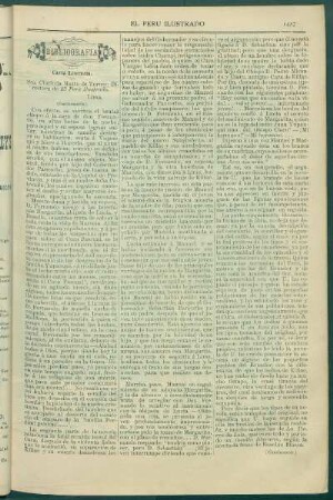 Bibliografía : Carta Literaria [a] Clorinda Matto de Turner [sobre su novela Aves sin Nido]. (Continuación).