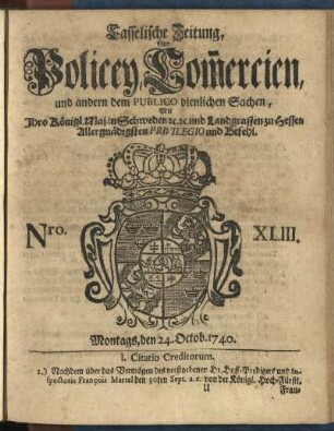 Nro. XLIII, Montags, den 24. Octob. 1740