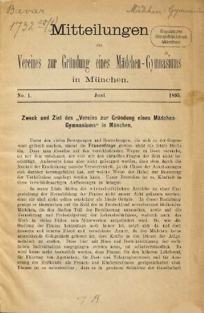 Mitteilungen des Vereines zur Gründung eines Mädchen-Gymnasiums in München. 1. 1895, Juni