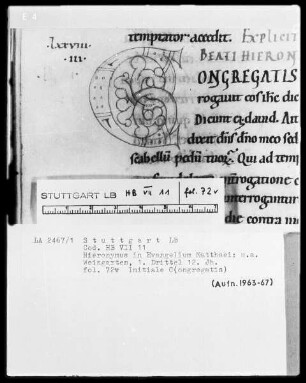 Hieronymus - Commentarii in Evangelium Matthaei — Initiale C(ongregatis), Folio 72verso