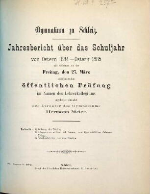 Jahresbericht : über das Schuljahr von Ostern ... bis Ostern ... 1884/85
