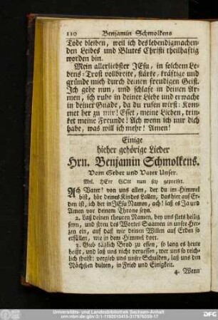 Einige hieher gehörige Lieder Hrn. Benjamin Schmolkens.