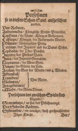Persohnen so in diesem Schau-Spiel aufgeführet werden.