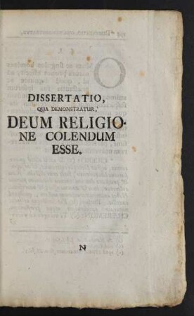 Dissertation, Qua Demonstratur, Deum Religione Colendum Esse