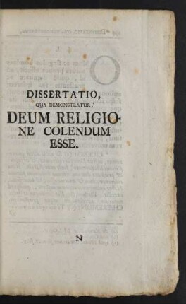 Dissertation, Qua Demonstratur, Deum Religione Colendum Esse