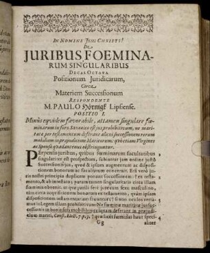 Decas Octava Positionum Juridicarum Circa Materiem Successionum.