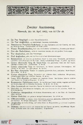 Zweiter Auctionstag. Mittwoch, den 16. April 1902, von 10 Uhr ab (Nr. 156-314)