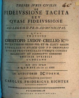 Theses iur. civ. de fideiussione tacita seu quasi fideiussione : ad Legem II Pr. D. ad municipal.