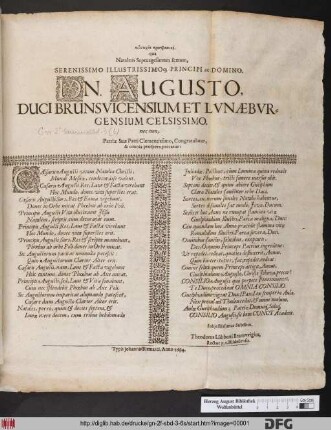Antisoichia prosphoonikē. qua Natalem Septuagesimum sextum, Serenissimi Illustrissimoq[ue] Principi ac Domino, Dn. Augusto, Duci Brunsvicensium Et Lunaeburgensium Celsissimo, nec non, Patriae Suae Patri Clementissimo, Congratulantur, & omnia prospera predicatur