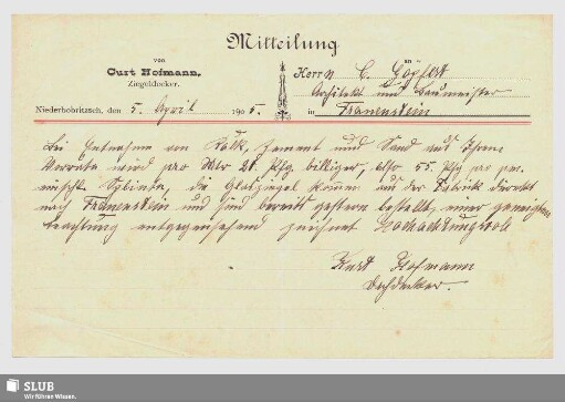 Curt Hofmann, Ziegeldecker, Niederbobritzsch : Mitteilung