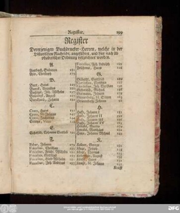 Register Dererjenigen Buchdrucker-Herren, welche in der Historischen Nachricht, angeführet, und hier nach Alphabetischer Ordnung verzeichnet worden.