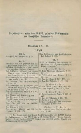 Verzeichnis der neben dem B.G.B. geltenden Bestimmungen des Preußischen Landrechts