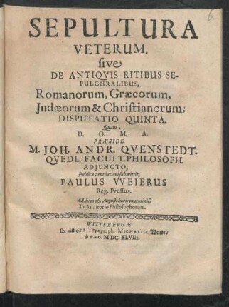 5: Sepultura Veterum. sive De Antiquis Ritibus Sepulchralibus Romanorum, Graecorum, Judaeorum & Christianorum Disputatio ...