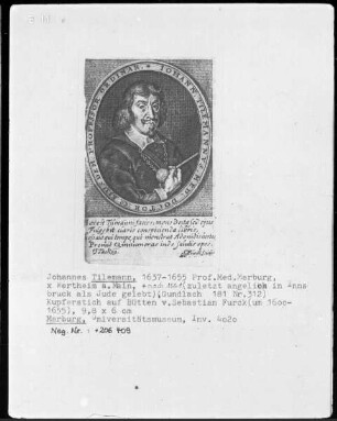 Johannes Tilemann, 1637-1655 Professor der Medizin in Marburg
