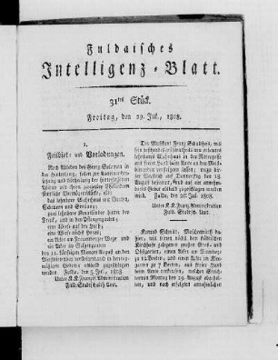 31tes Stück, Ausgabe vom 29. Jul. 1808