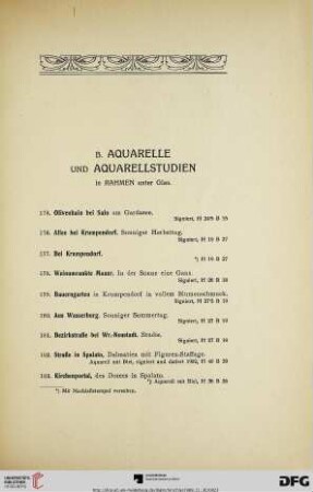 B. Aquarelle und Aquarellstudien in Rahmen unter Glas (Nr. 175-234)