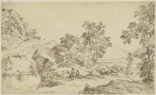Berglandschaft mit Bäumen und Staffagefiguren