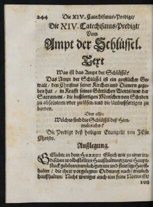 Die XIV. Catechismus-Predigt/ Vom Ampt der Schlüssel.