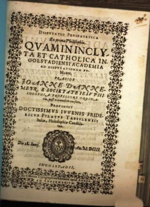 Dispvtatio Peripatetica Ex prima Philosophia