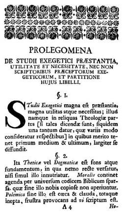 Prolegomena de studii Exegetici præstantia, utilitate & necessitate, nec non Scriptoribus præceptorum Exegeticorum & partitione hujus libelli.